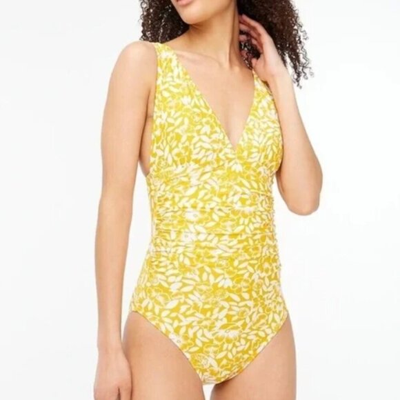 J. Crew Factory NWT Women's Large Orange Floral V-neck Ruched One Piece Swimsuit - Picture 1 of 15